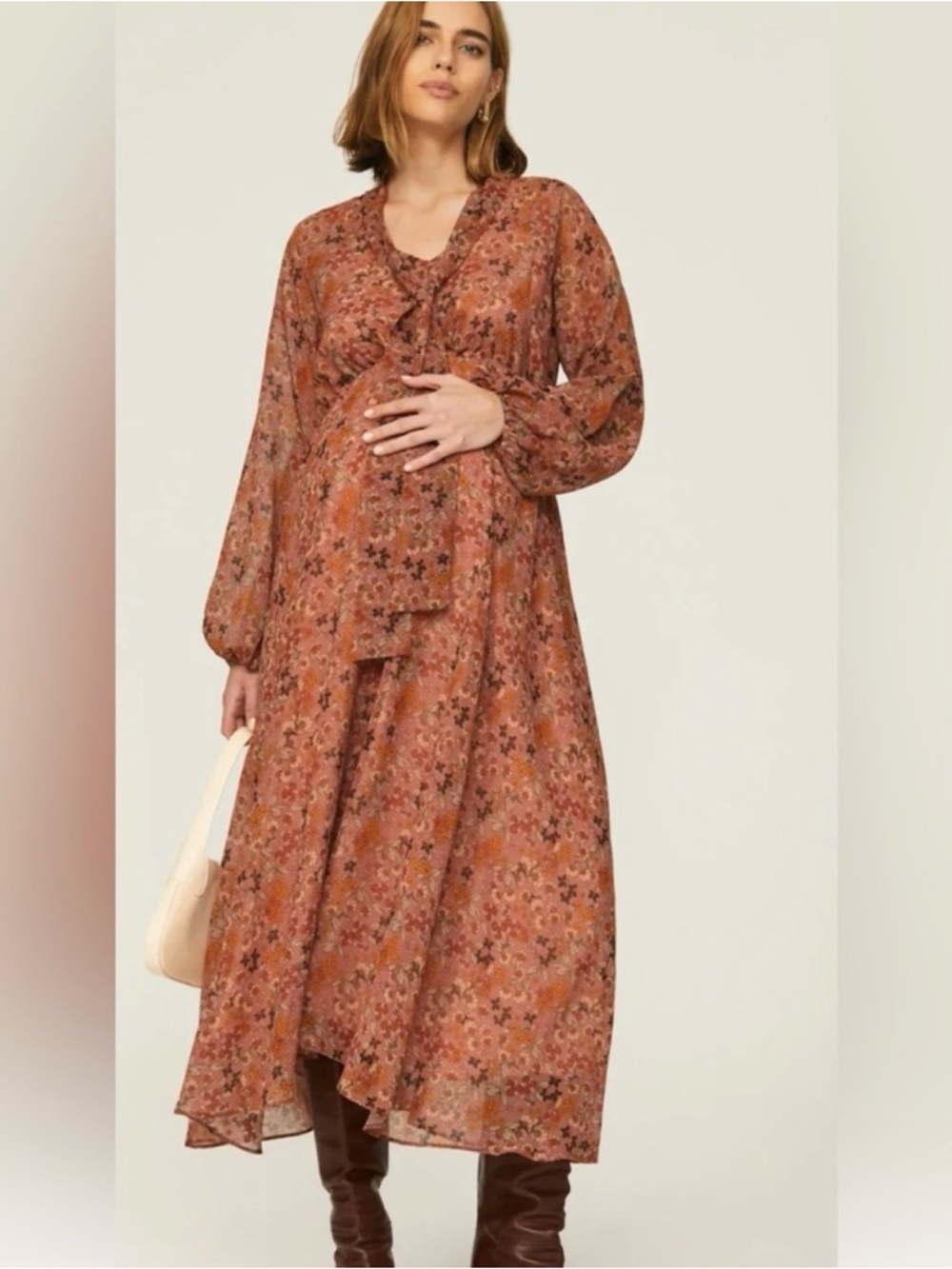 Pietro Brunelli Rust Floral Long Sleeve Midi Dress - Women's Maternity-Friendly